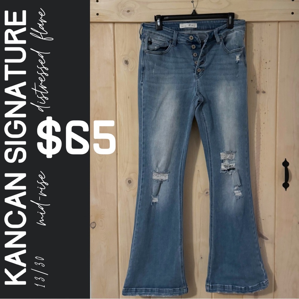 SALE kancan signature distressed button fly flares